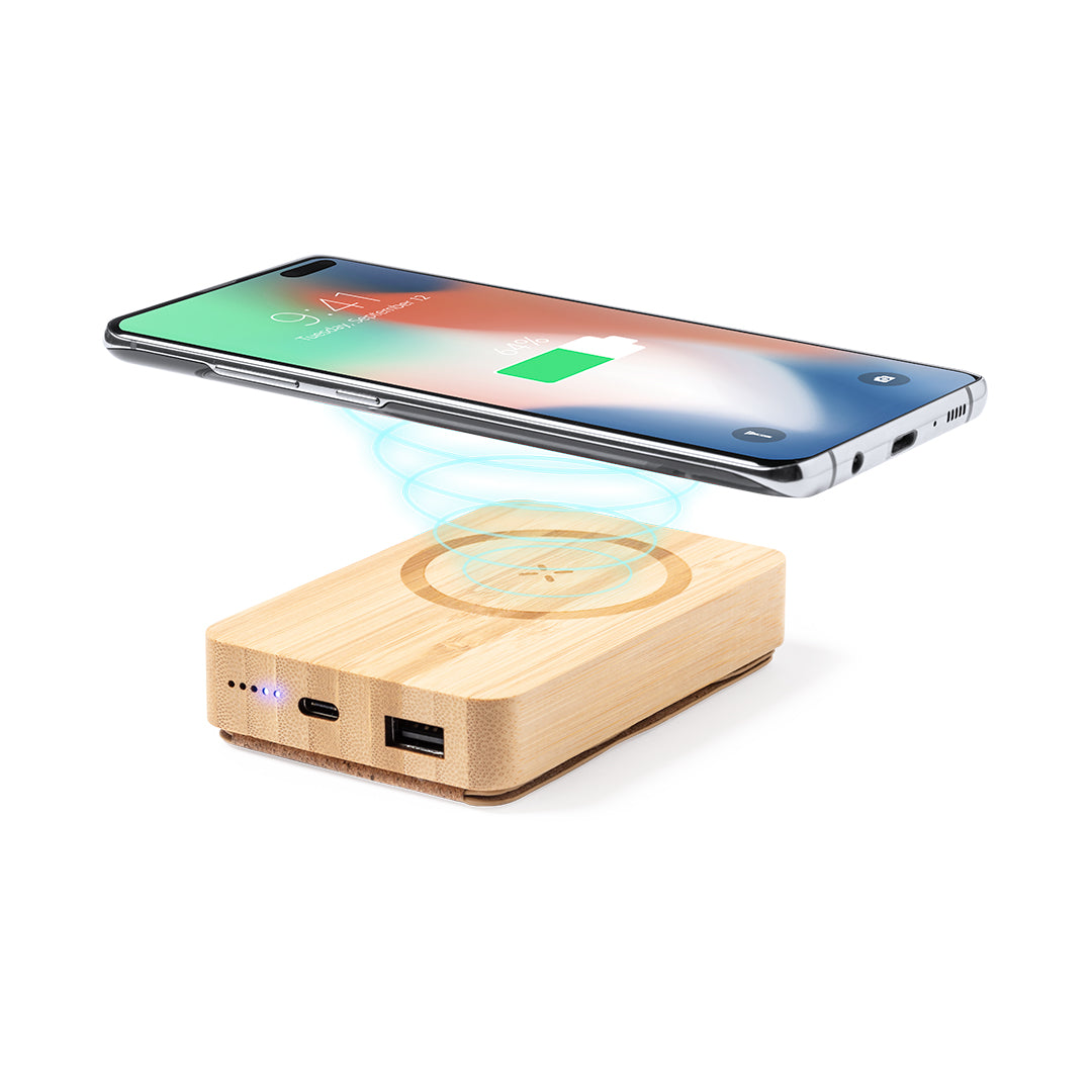 Power bank in bambù con supporto in sughero