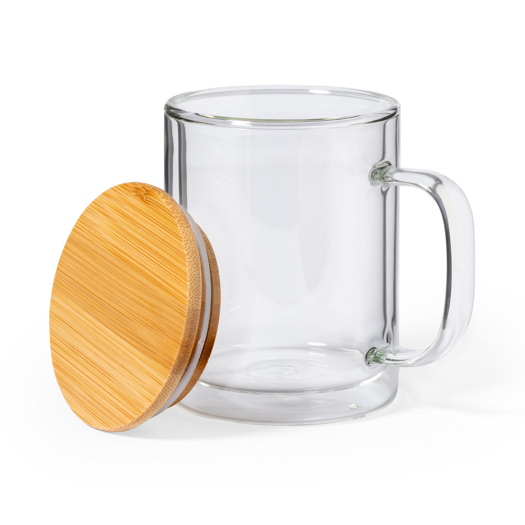 Tazza di vetro con coperchio di bambù