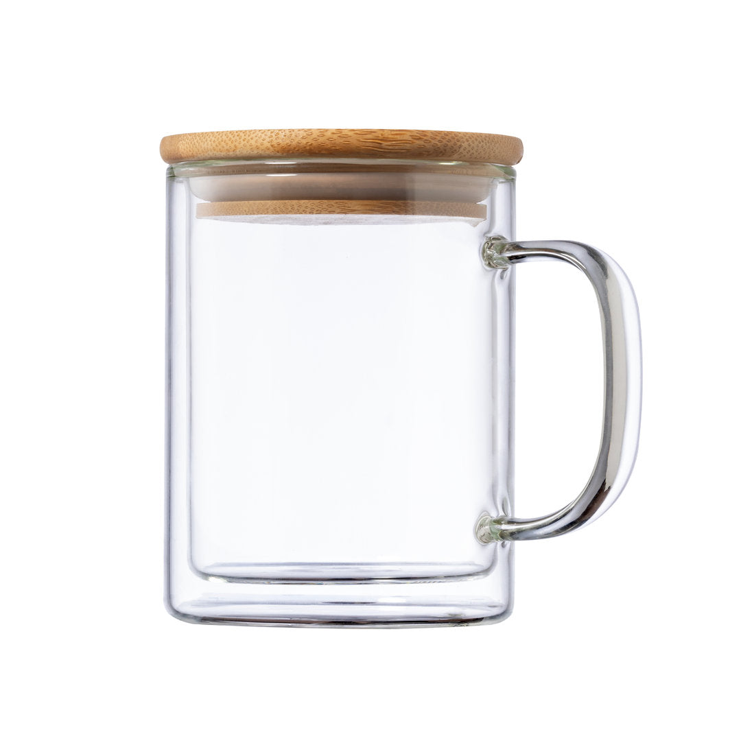 Tazza di vetro con coperchio di bambù