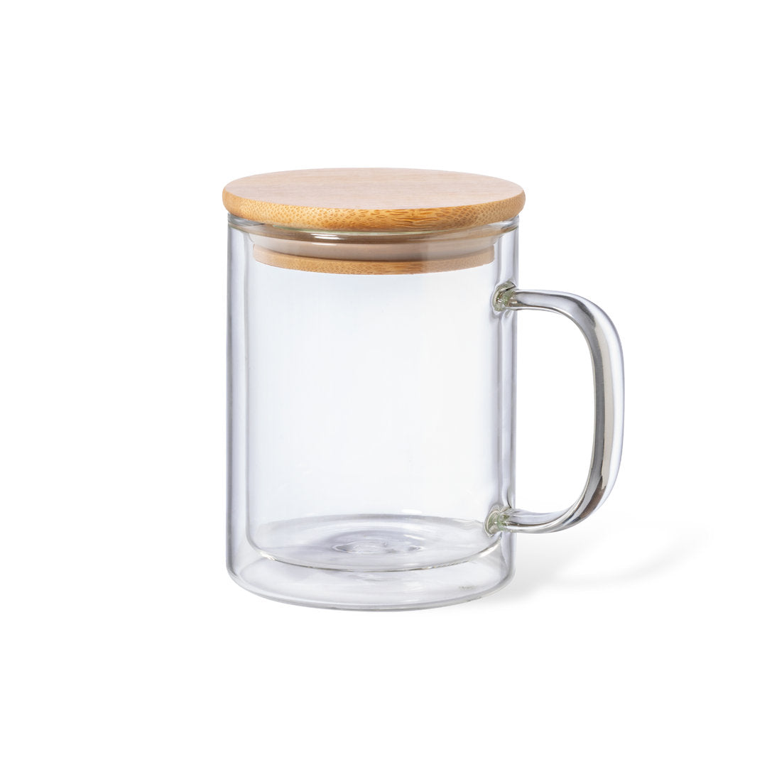 Tazza di vetro con coperchio di bambù